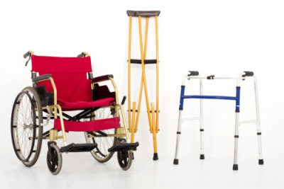 wheelchair, crutches, and walking aid